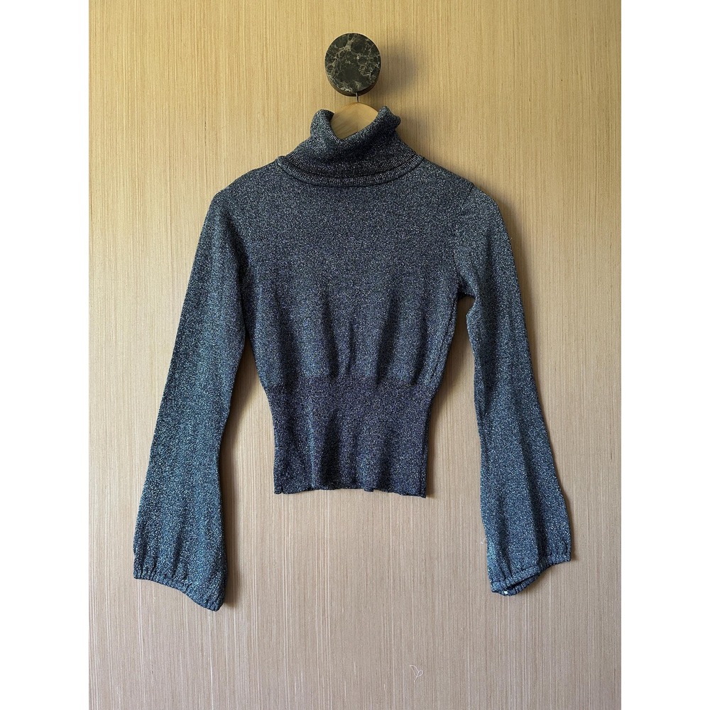Vtg Silver Turtleneck 80s top with bell sleeves